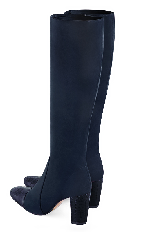 Navy blue women's feminine knee-high boots. Round toe. High block heels. Made to measure. Rear view - Florence KOOIJMAN
